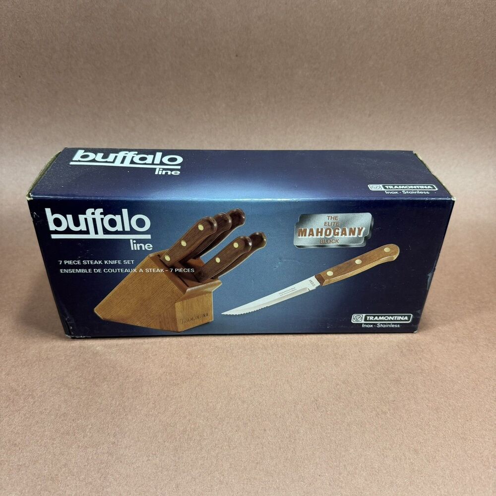 Tramontina Steak Knife Set 6 Knives w Wood Block Stainless Steel Brazil